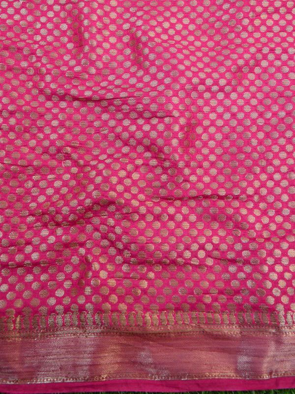 Banarasee Handwoven Semi-Chiffon Sari With Buta Design-Yellow With Pink