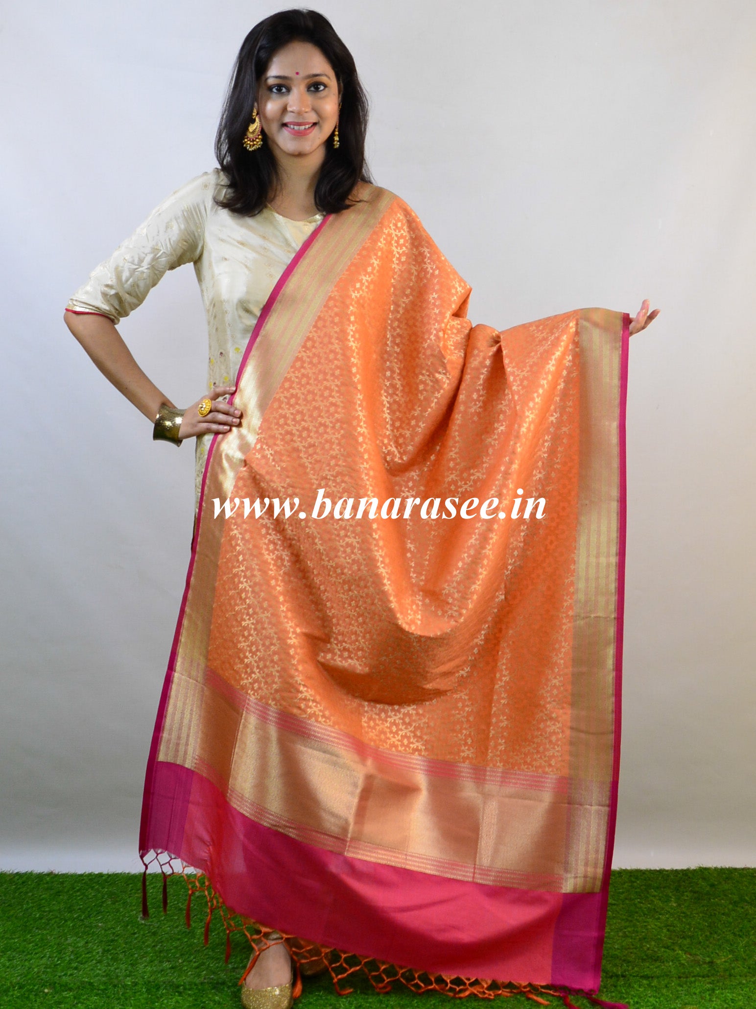 Banarasee Art Silk Dupatta Jaal Design-Orange