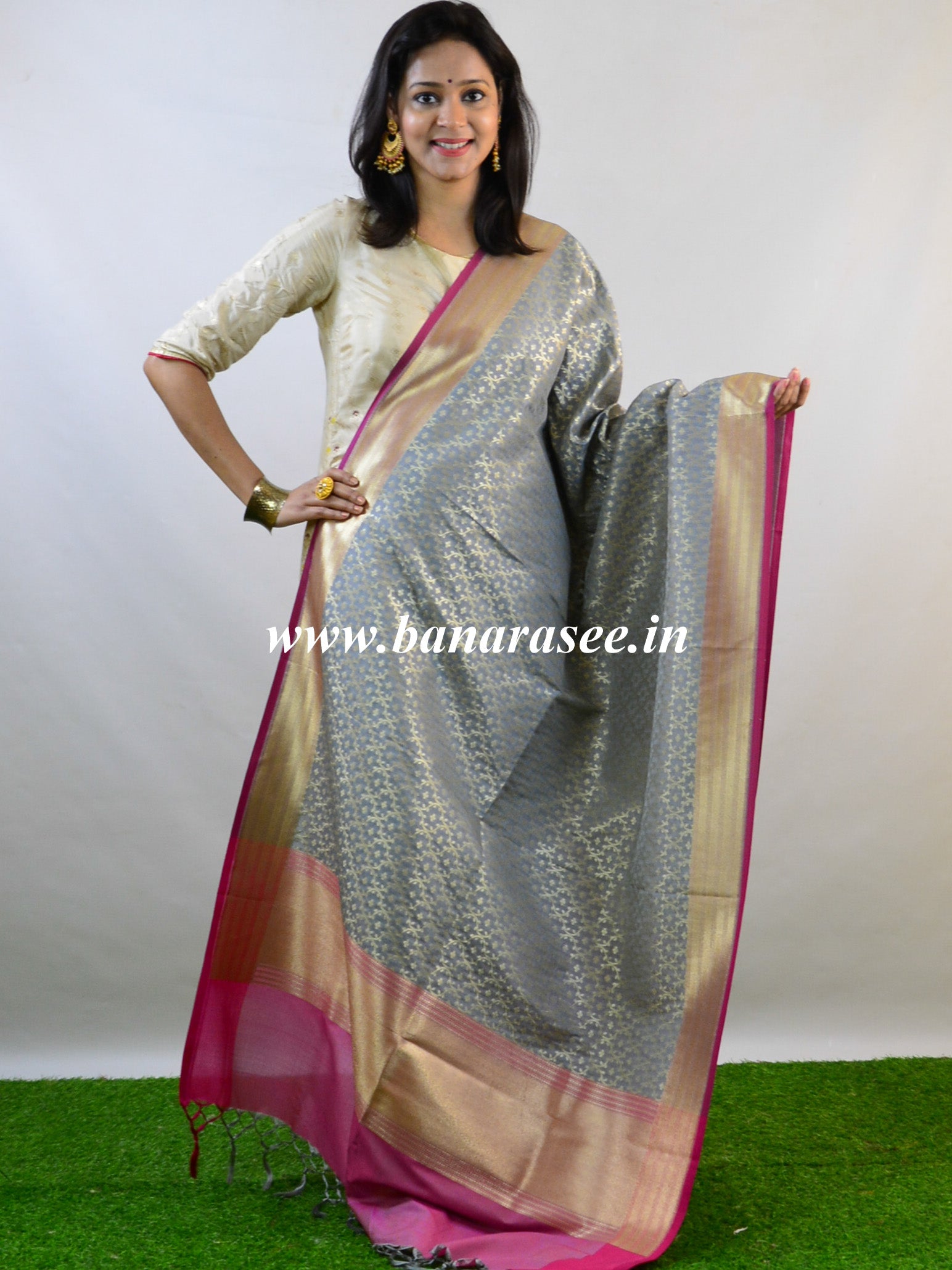 Banarasee Art Silk Dupatta Jaal Design-Grey