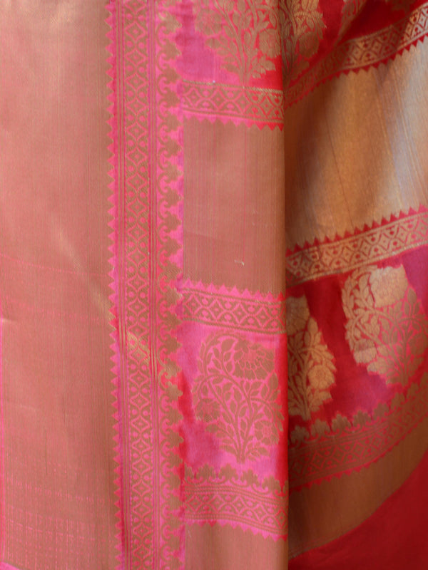 Banarasee Handwoven Semi Silk Saree With Zari Buti & Border-Strawberry Red