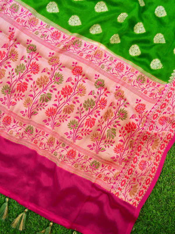 Banarasee Chiffon Floral Resham Border Saree-Henna Green & Pink