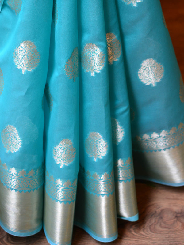 Banarasee Handwoven Semi Silk Saree With Zari Buti & Border-Sea Green