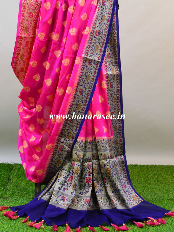 Banarasee Chiffon Floral Resham Border Saree-Pink & Blue