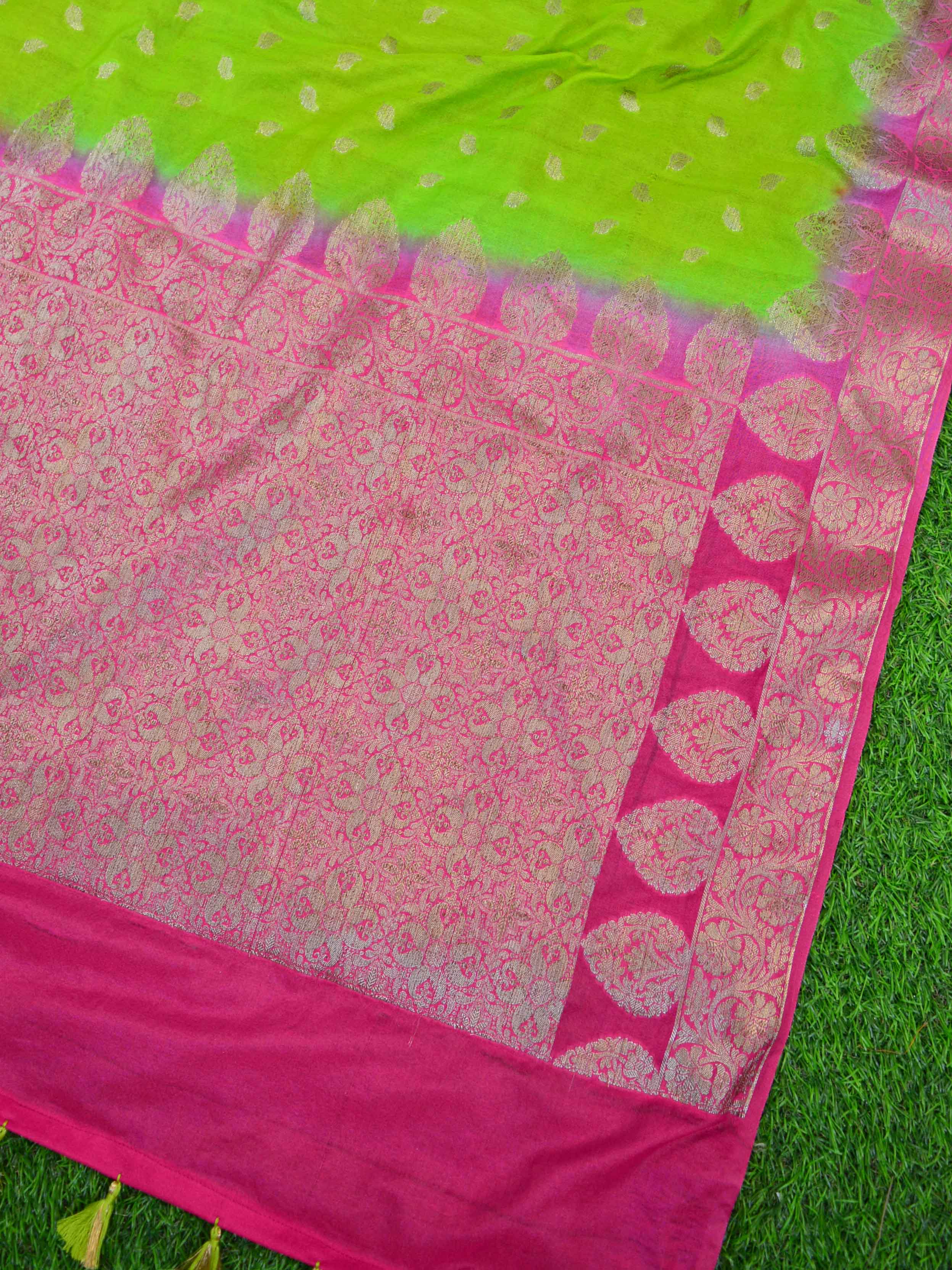 Banarasee Handwoven Semi-Chiffon Sari With Buta Design-Green With Pink