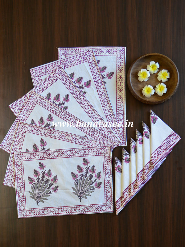 Cotton Handblock Printed Mat & Napkin Set-White