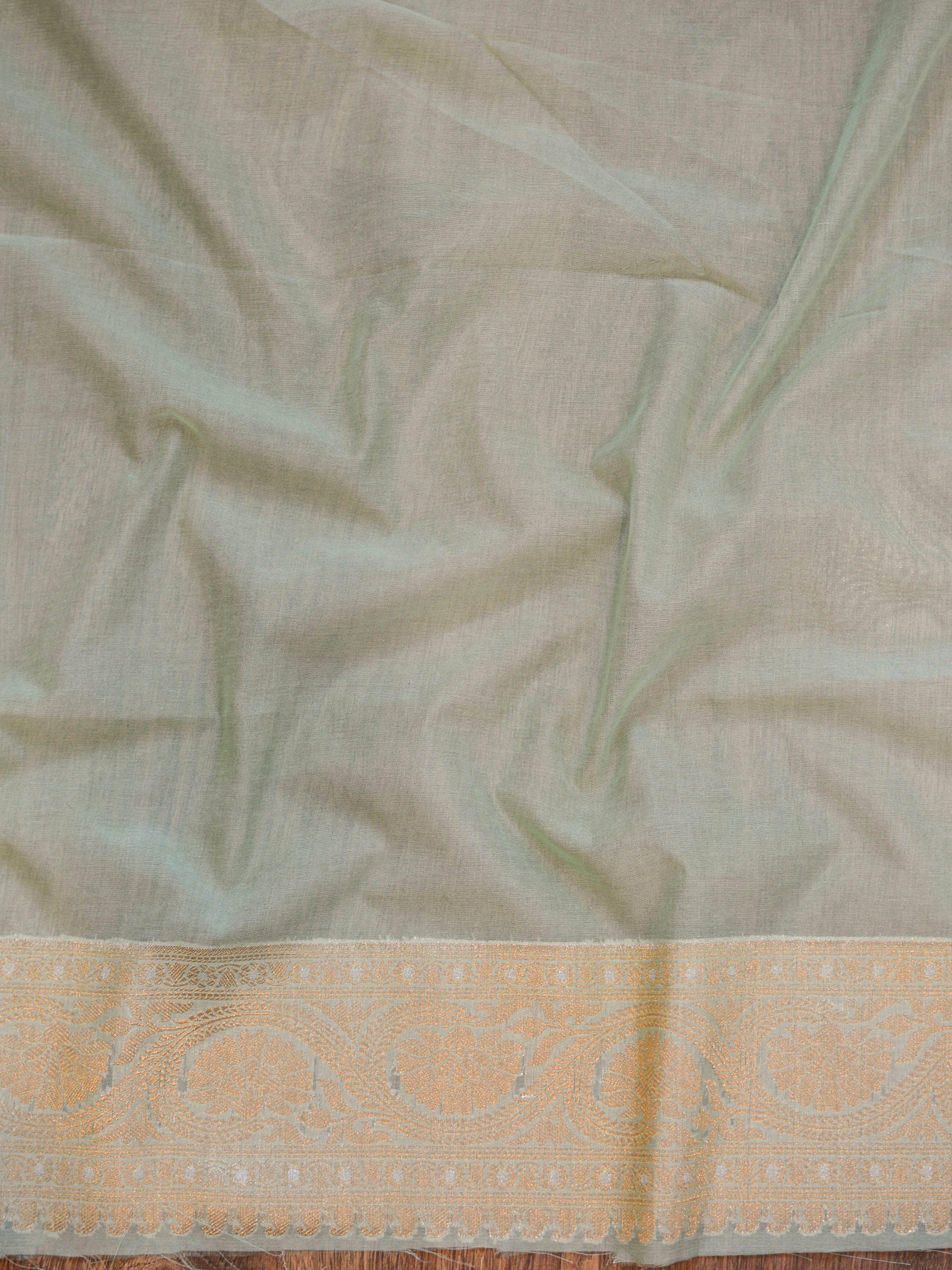 Banarasee Handwoven Semi-Chiffon Saree With Zari Buti & Contrast Border-Violet & Green