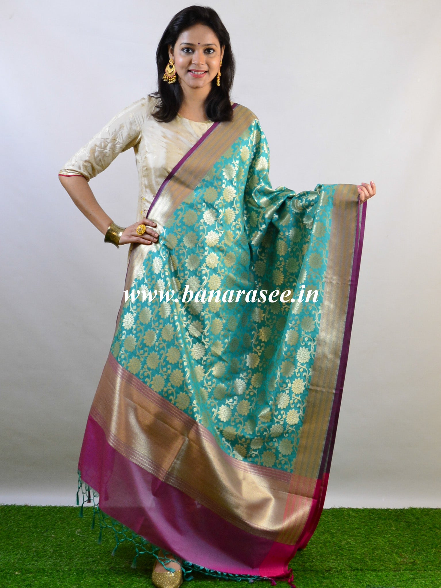 Banarasee Art Silk Dupatta Floral Jaal Design-Green