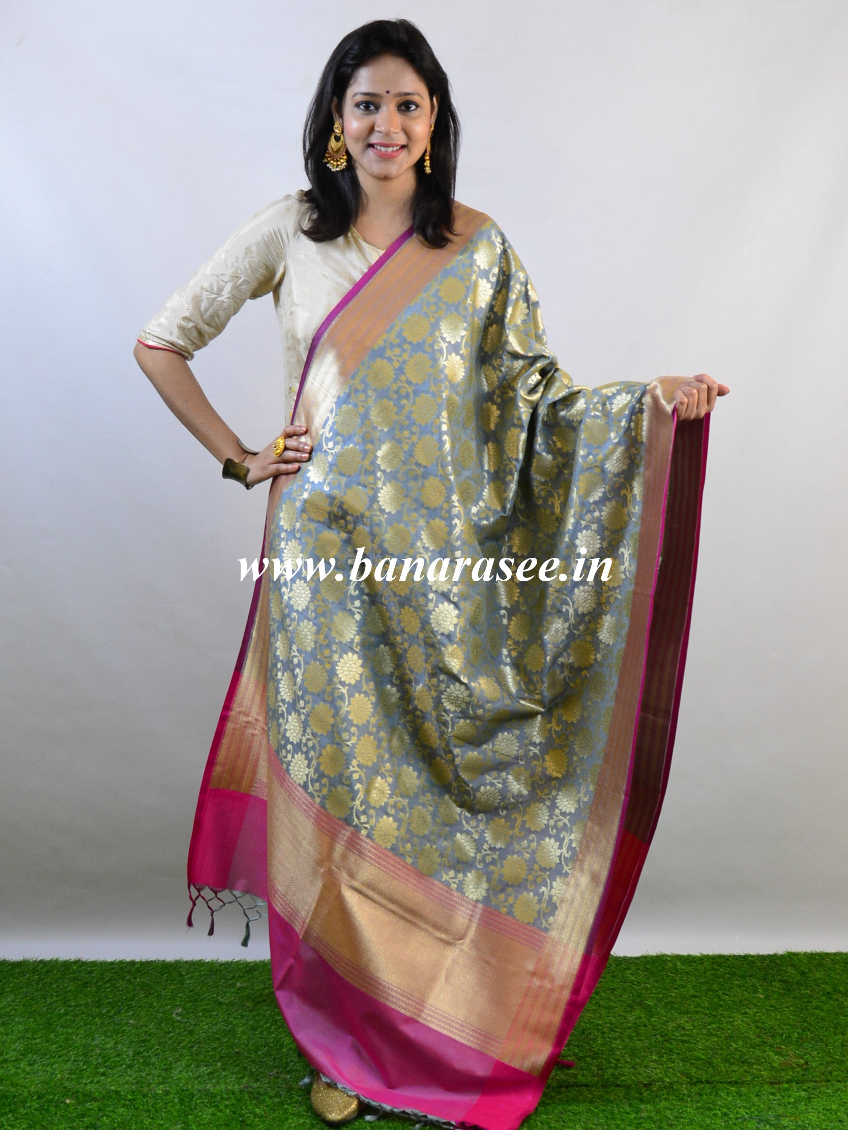 Banarasee Art Silk Dupatta Floral Jaal Design-Grey