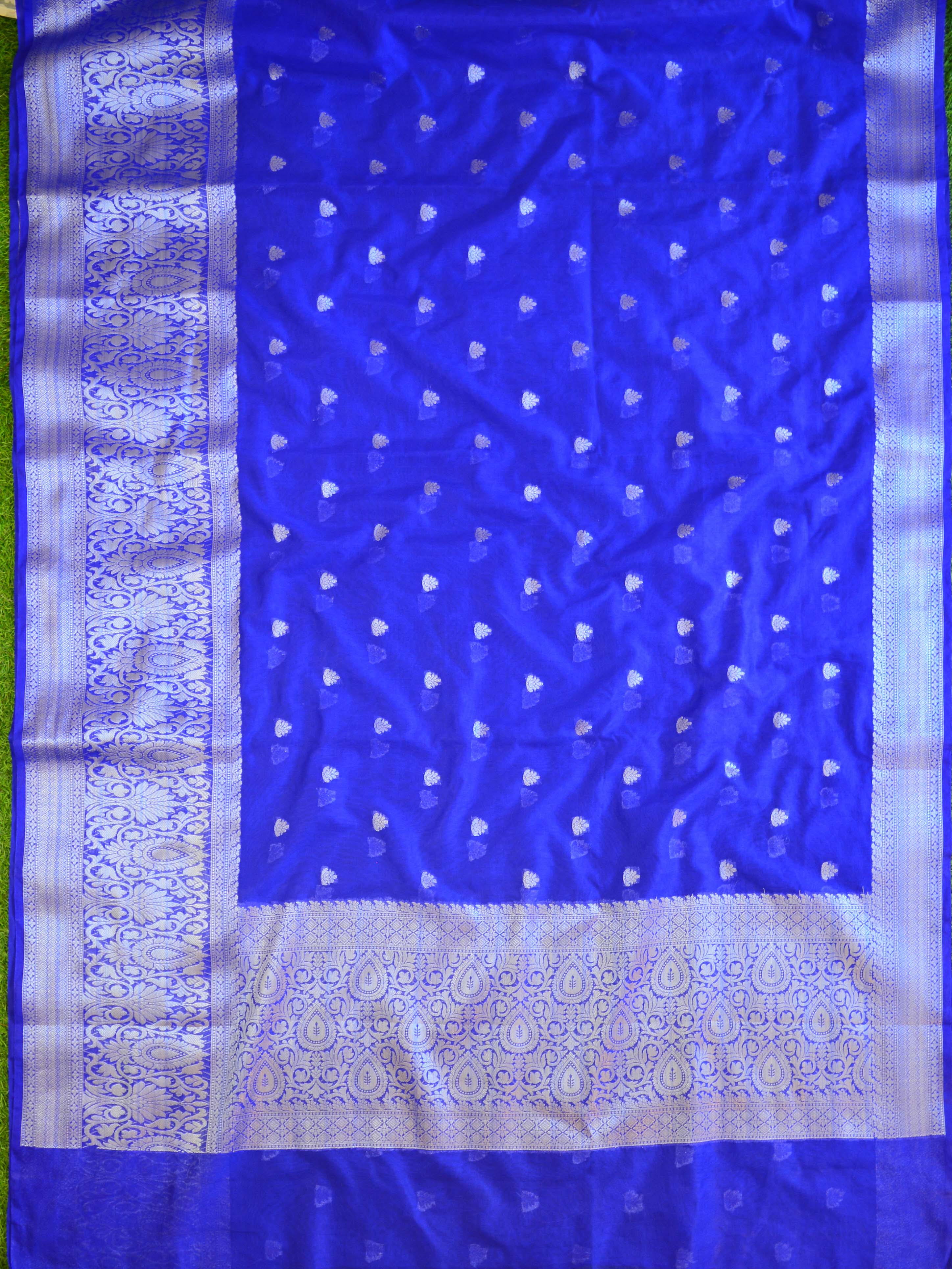 Banarasee Handwoven Semi Silk Saree With Silver Zari Border-Royal Blue
