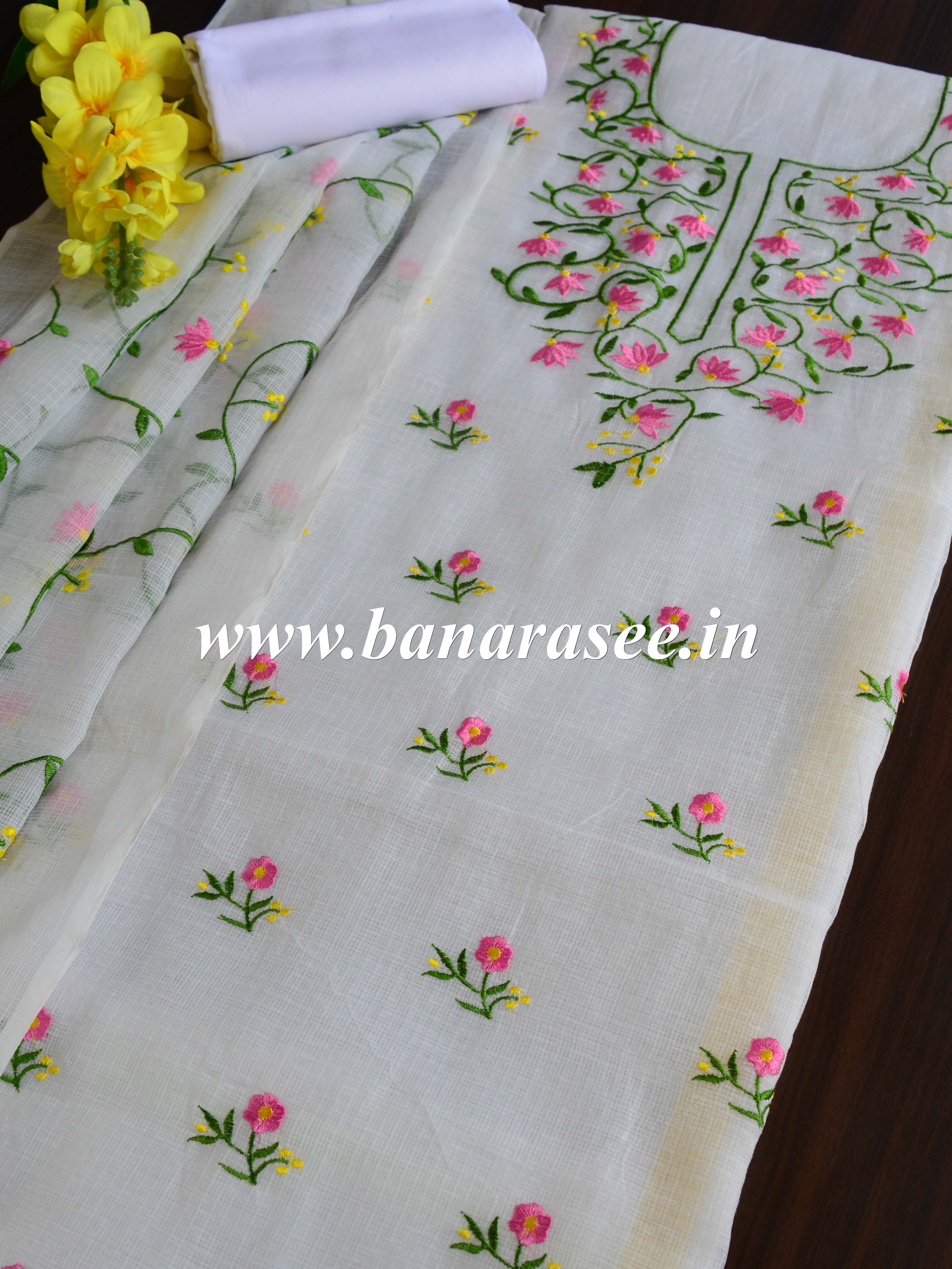 Banarasee Kota Doria Hand-Embroidered Salwar Kameez Dupatta Set-White