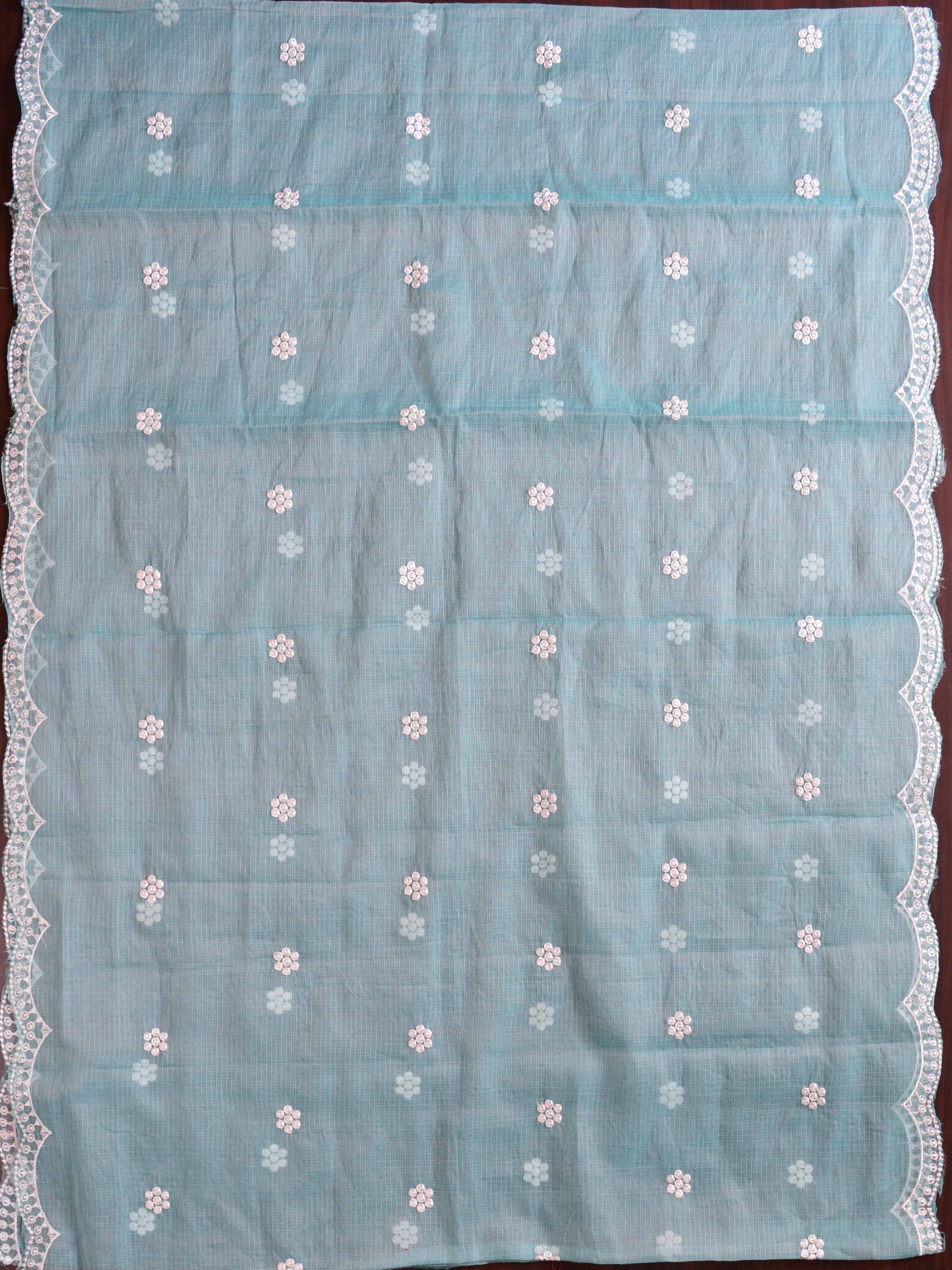 Banarasee Kota Doria Hand-Embroidered Salwar Kameez Dupatta Set-Blue