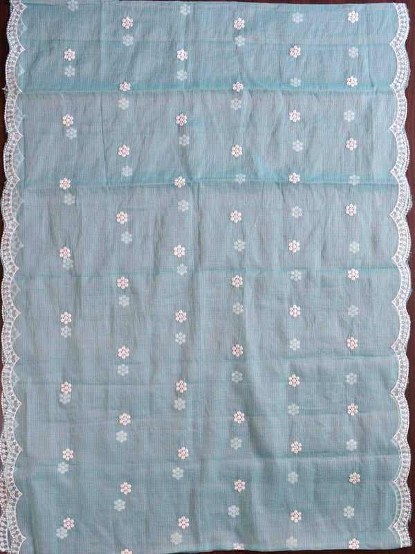 Banarasee Kota Doria Hand-Embroidered Salwar Kameez Dupatta Set-Blue