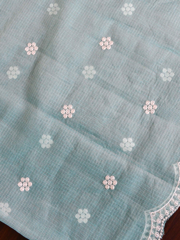 Banarasee Kota Doria Hand-Embroidered Salwar Kameez Dupatta Set-Blue