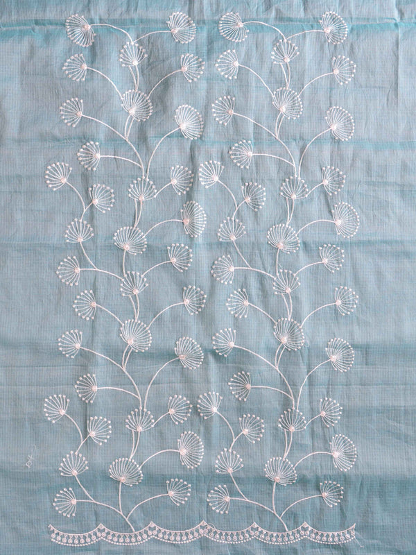 Banarasee Kota Doria Hand-Embroidered Salwar Kameez Dupatta Set-Blue