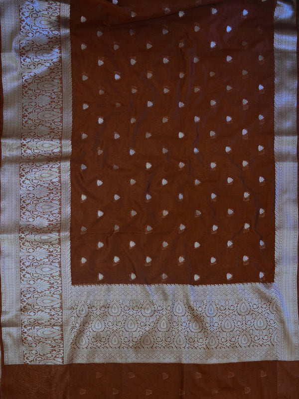 Banarasee Handwoven Semi Silk Saree With Silver Zari Border-Brown