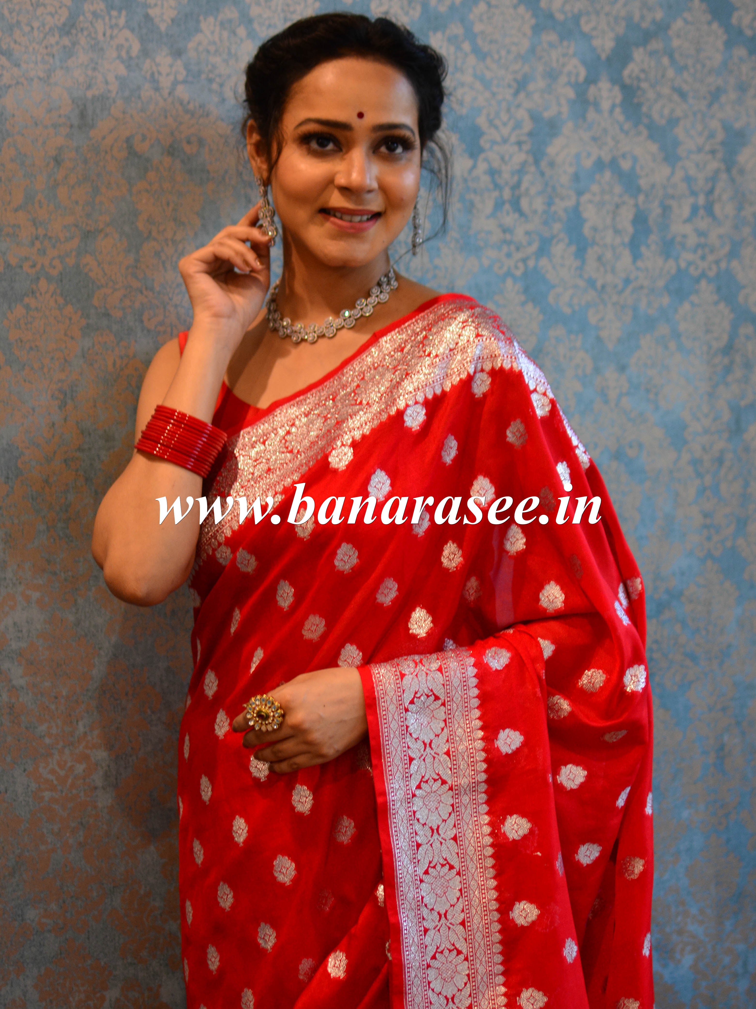 Banarasee Faux Georgette Saree With Silver Zari Buti Work-Red