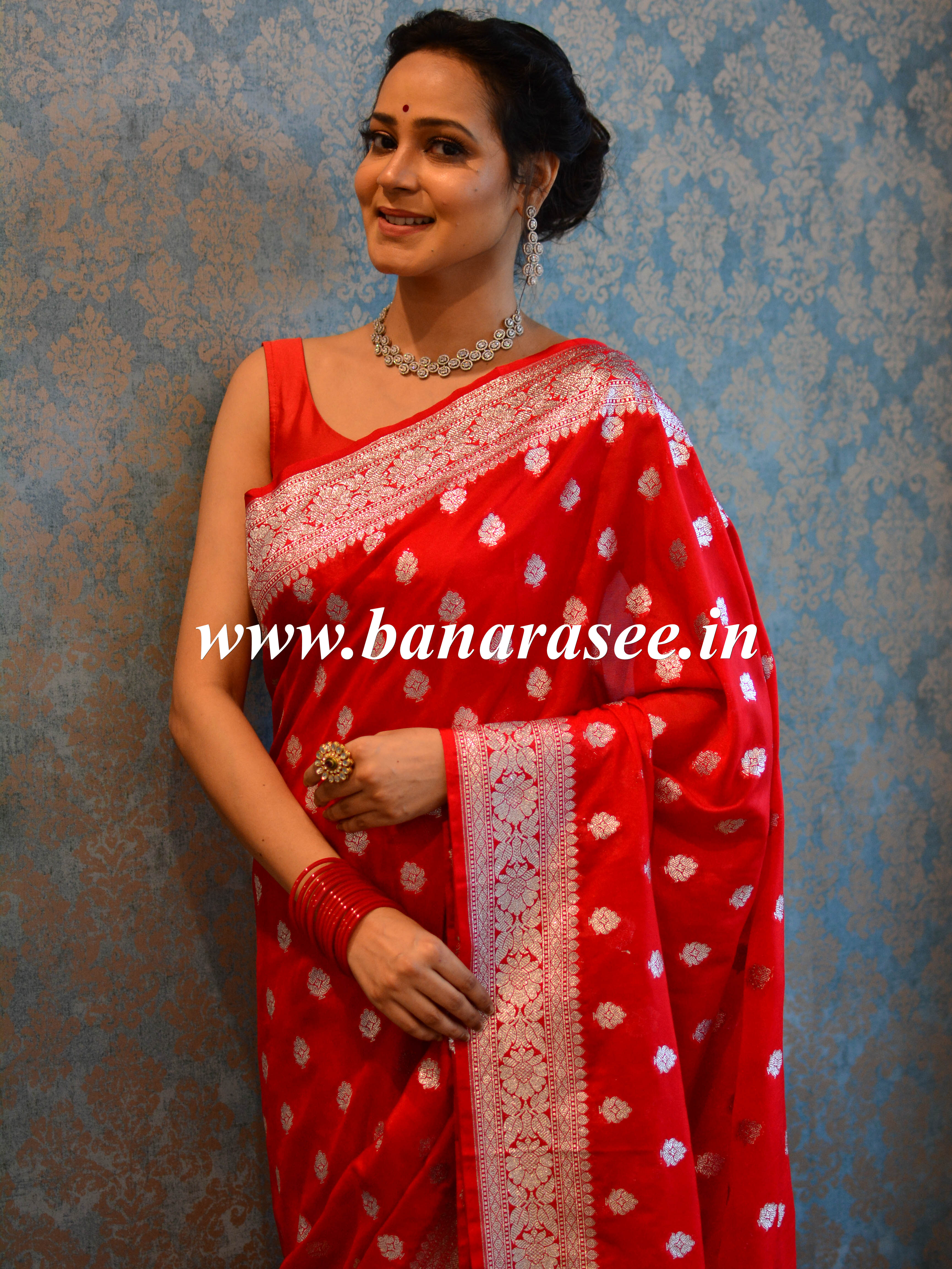 Banarasee Faux Georgette Saree With Silver Zari Buti Work-Red