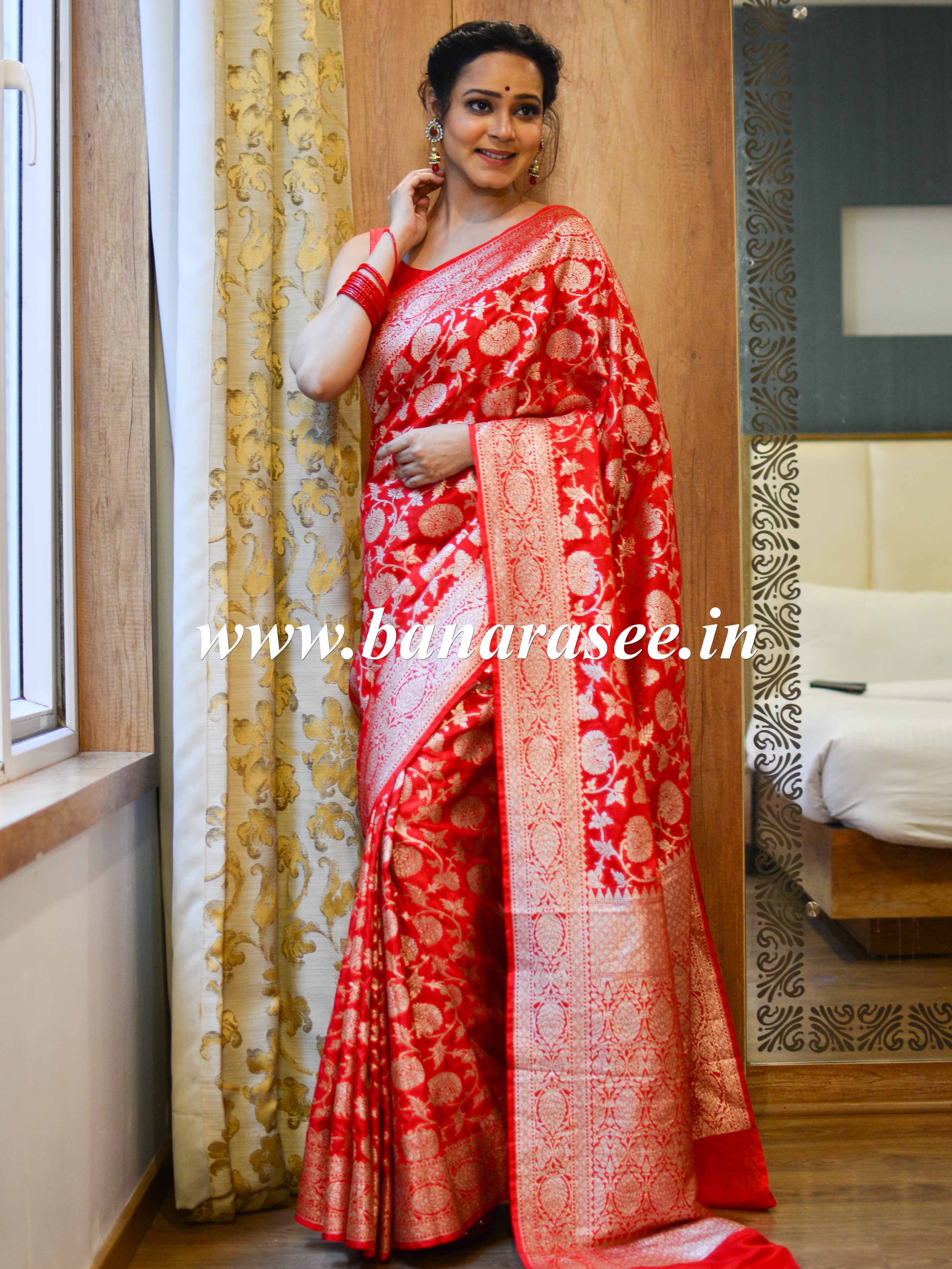 Banarasee Faux Georgette Saree With Gold Zari Jaal Work-Red