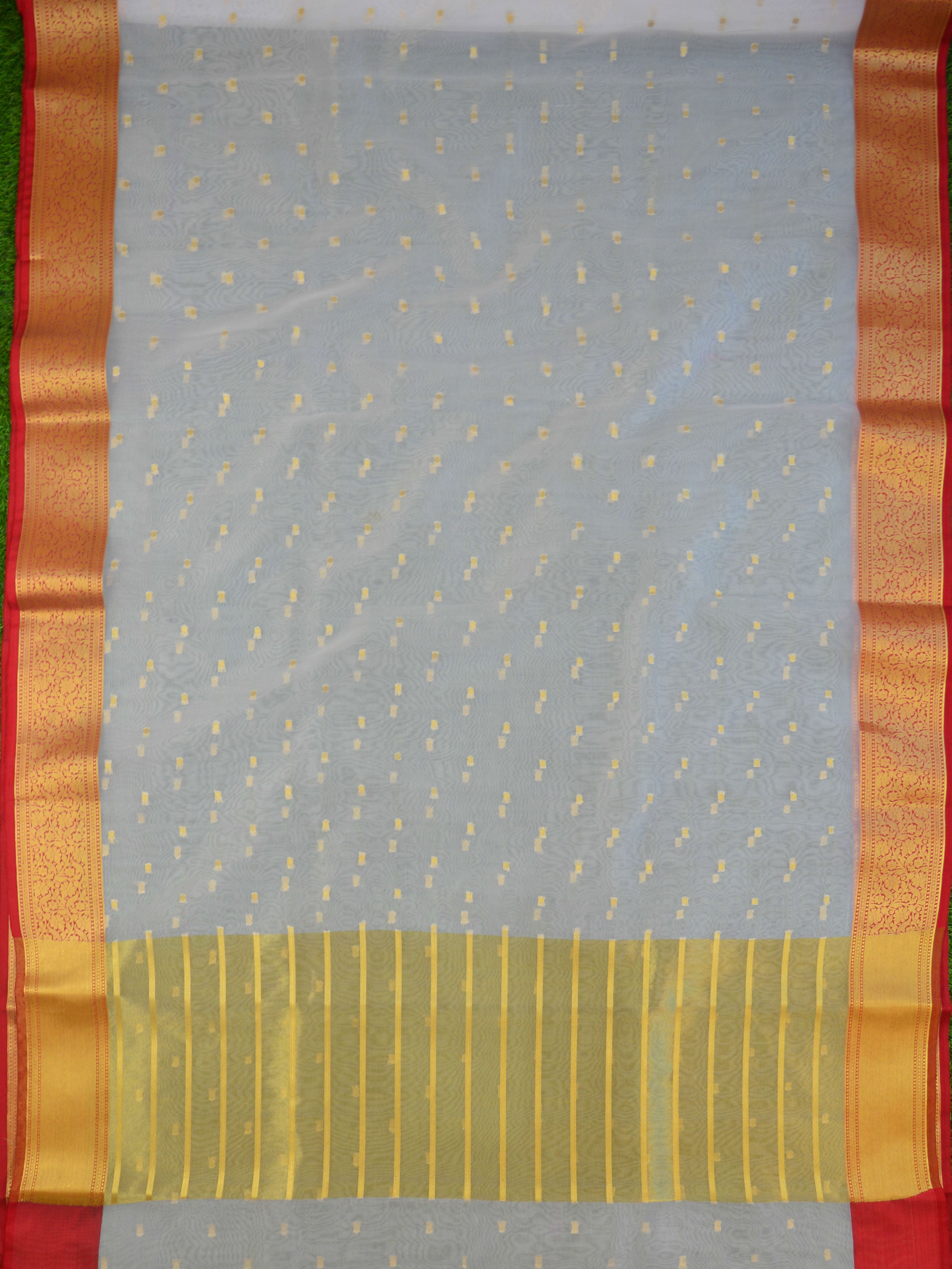 Banarasee Organza Mix Saree With Polka Dot & Zari Border-White