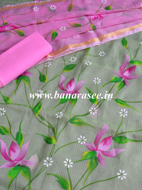 Banarasee Kota Doria Hand-Painted Salwar Kameez Dupatta Set-Pink & Green