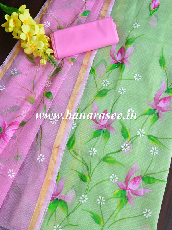 Banarasee Kota Doria Hand-Painted Salwar Kameez Dupatta Set-Pink & Green