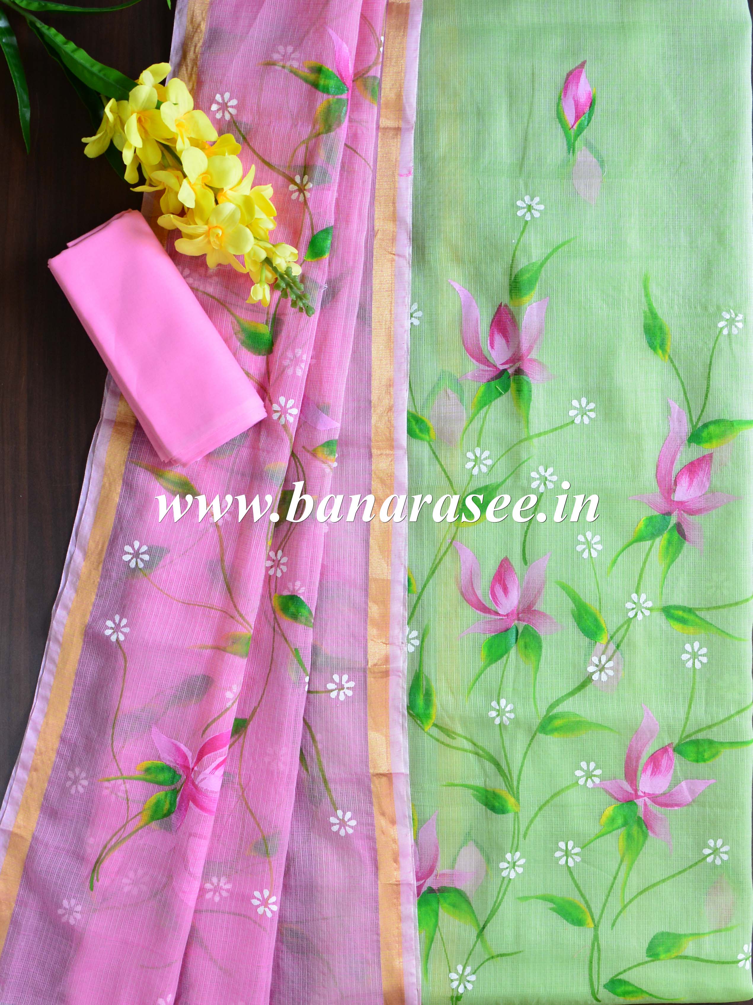 Banarasee Kota Doria Hand-Painted Salwar Kameez Dupatta Set-Pink & Green