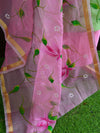 Banarasee Kota Doria Hand-Painted Salwar Kameez Dupatta Set-Pink & Green