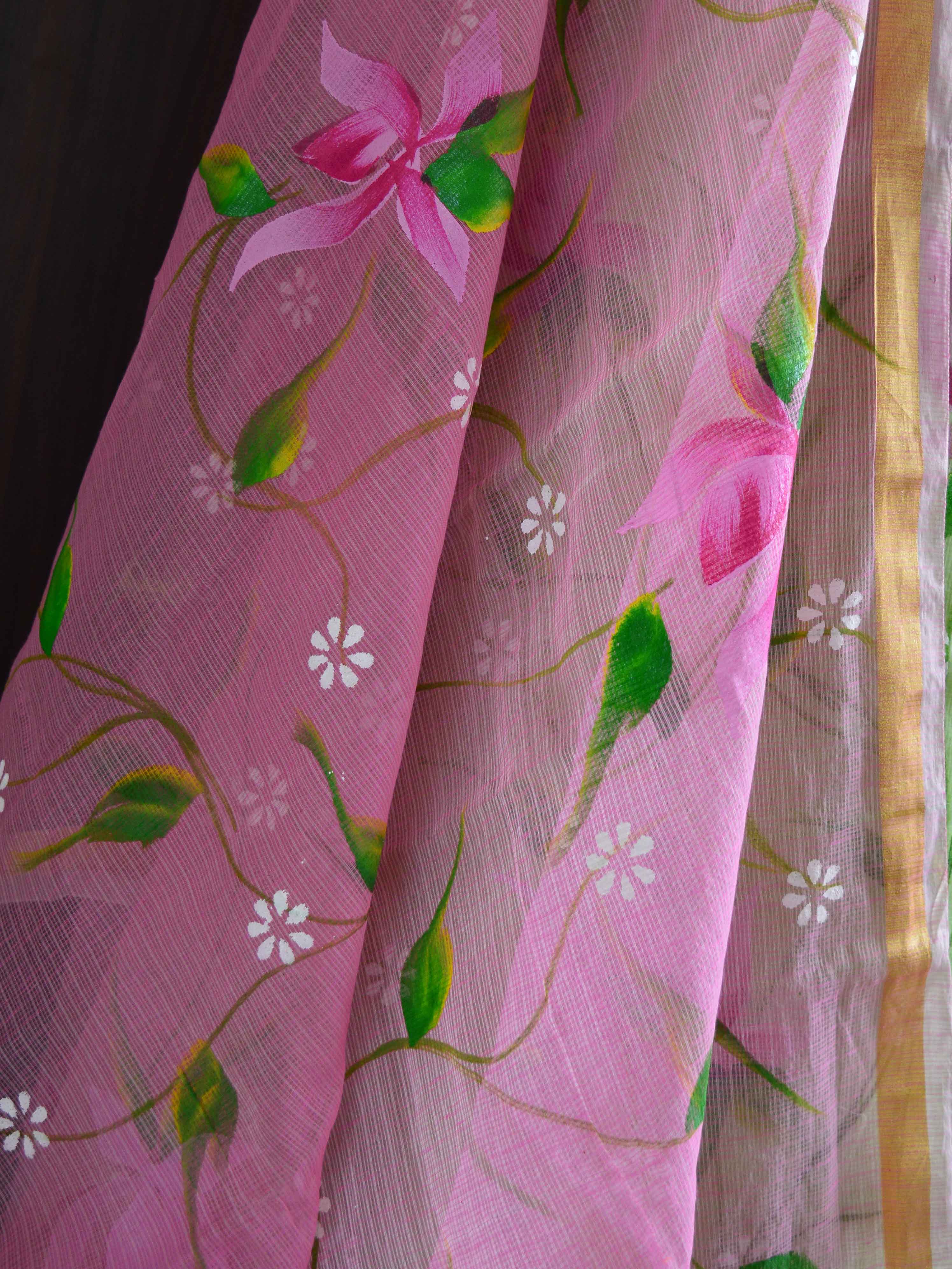 Banarasee Kota Doria Hand-Painted Salwar Kameez Dupatta Set-Pink & Green