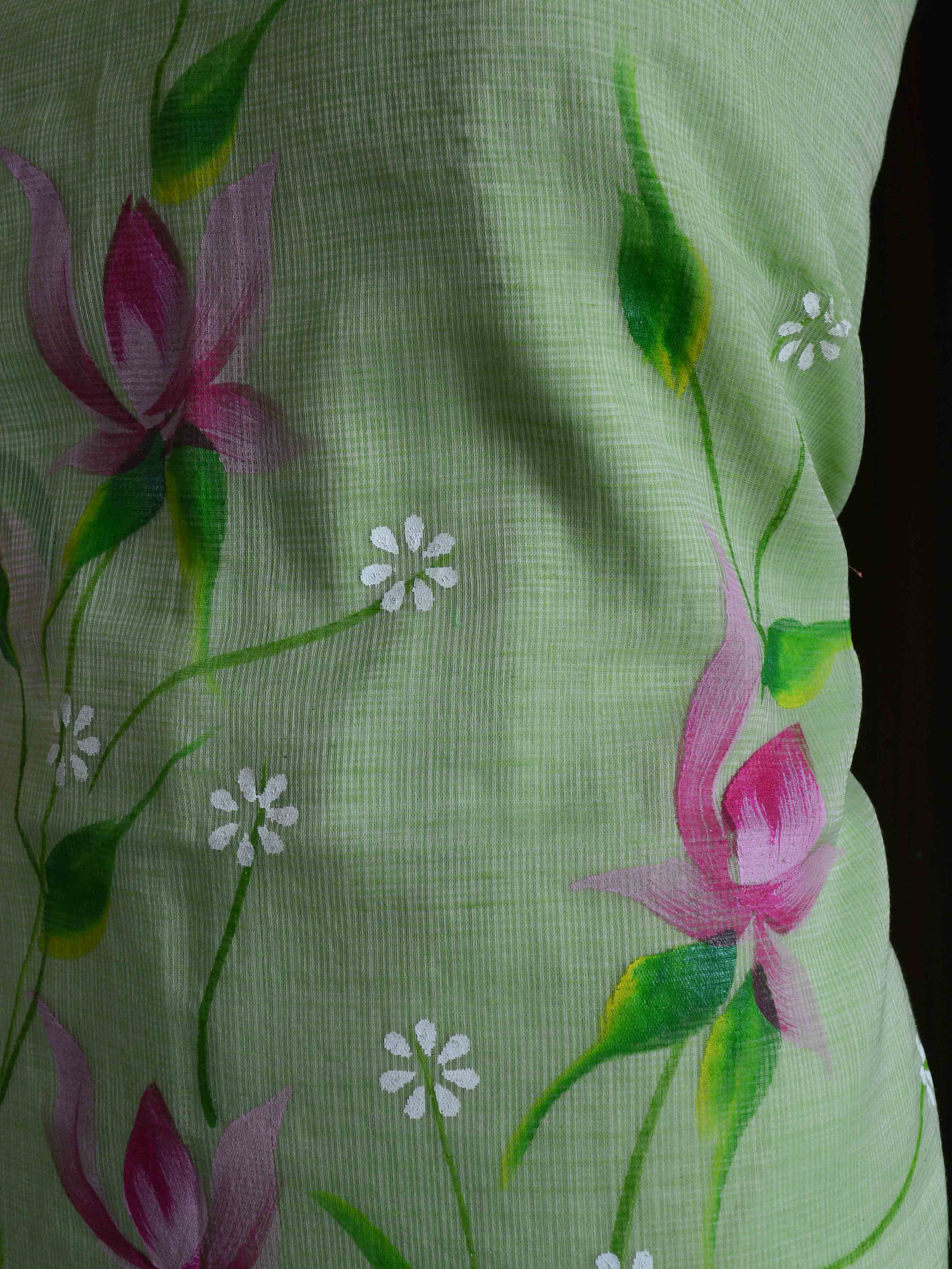 Banarasee Kota Doria Hand-Painted Salwar Kameez Dupatta Set-Pink & Green