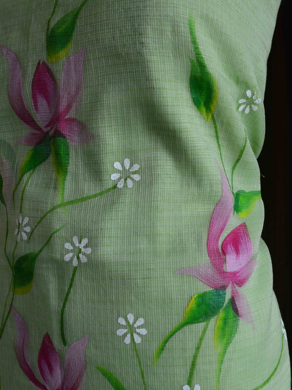 Banarasee Kota Doria Hand-Painted Salwar Kameez Dupatta Set-Pink & Green