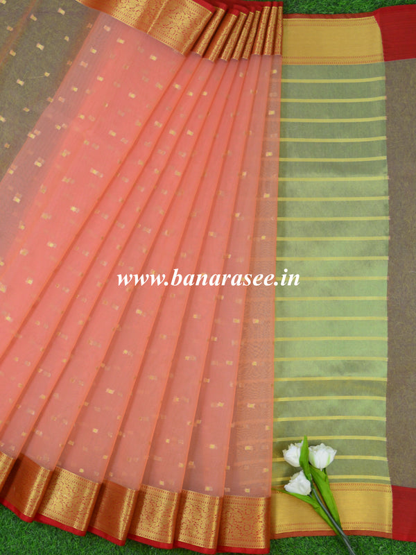 Banarasee Organza Mix Saree With Polka Dot & Zari Border-Peach