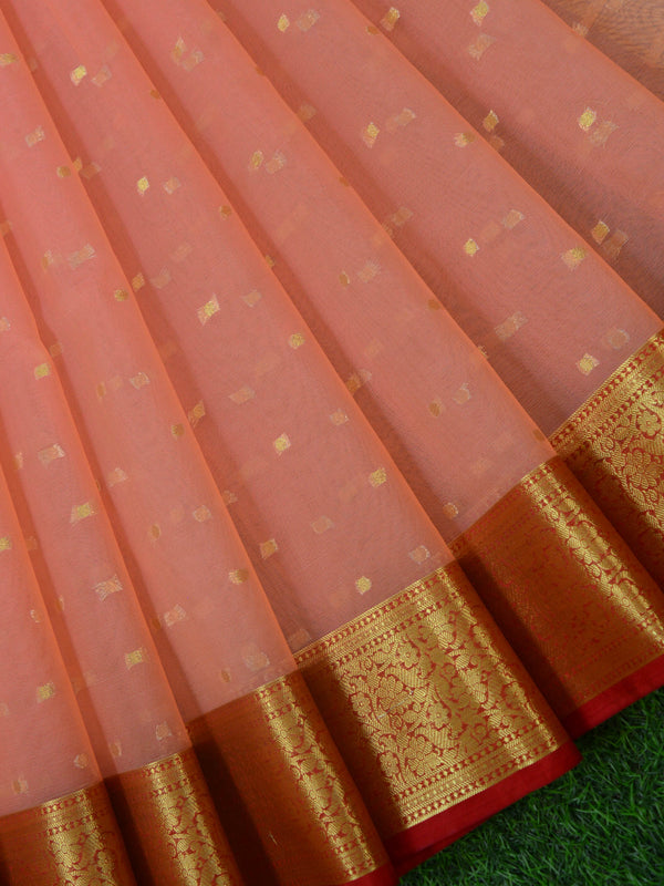 Banarasee Organza Mix Saree With Polka Dot & Zari Border-Peach
