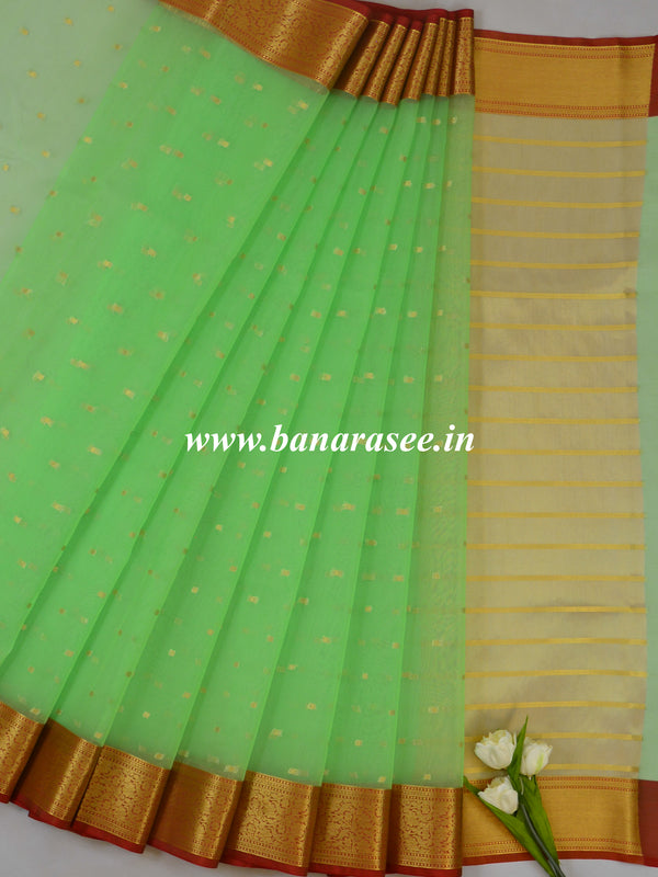 Banarasee Organza Mix Saree With Polka Dot & Zari Border-Green
