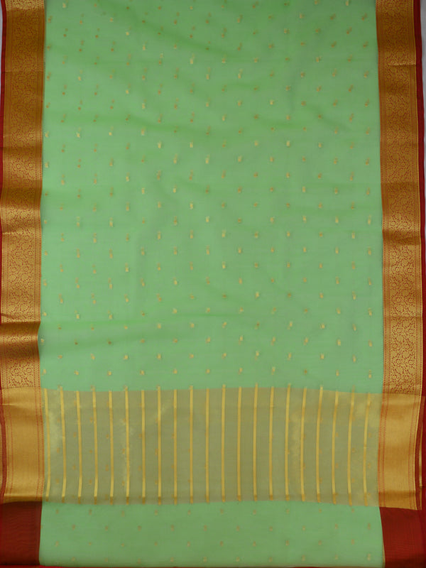 Banarasee Organza Mix Saree With Polka Dot & Zari Border-Green