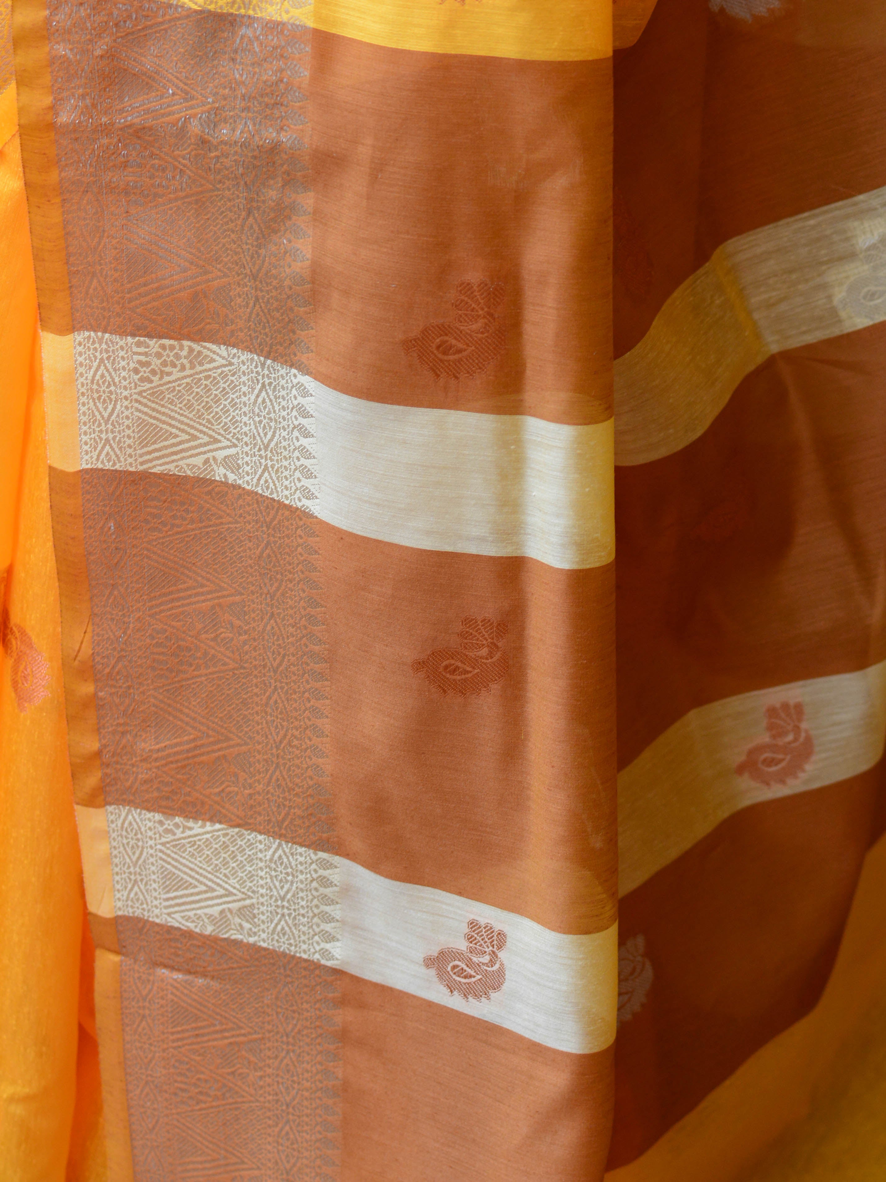 Banarasee Cotton Silk Saree With Copper & Silver Zari Buta & Border-Yellow