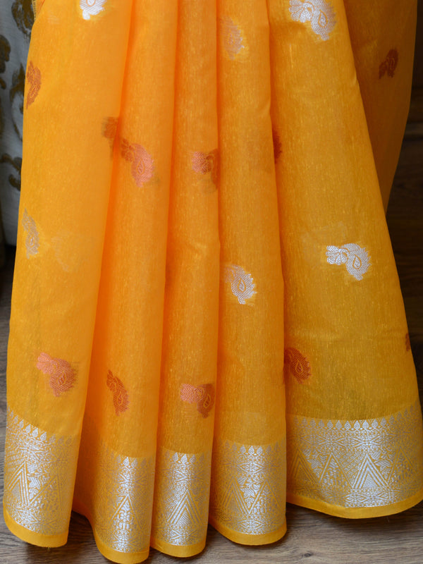 Banarasee Cotton Silk Saree With Copper & Silver Zari Buta & Border-Yellow