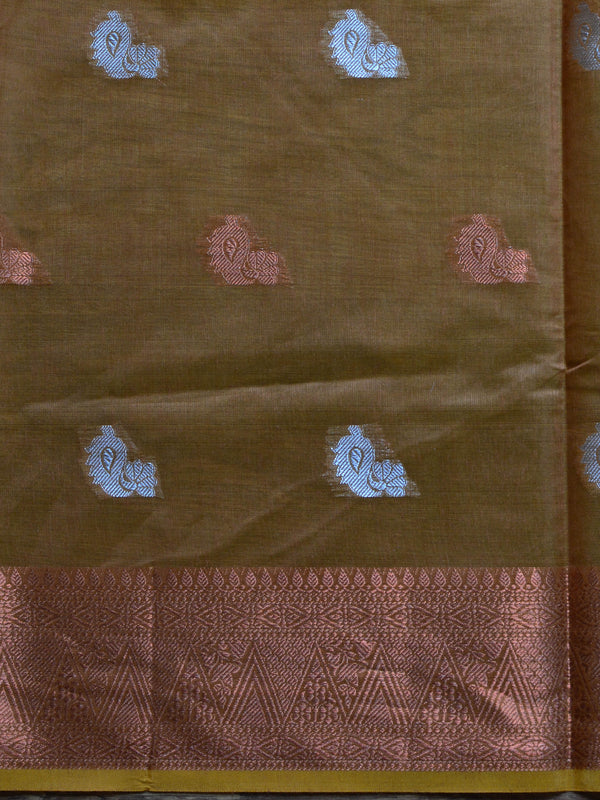 Banarasee Cotton Silk Saree With Copper & Silver Zari Buta & Border-Yellow