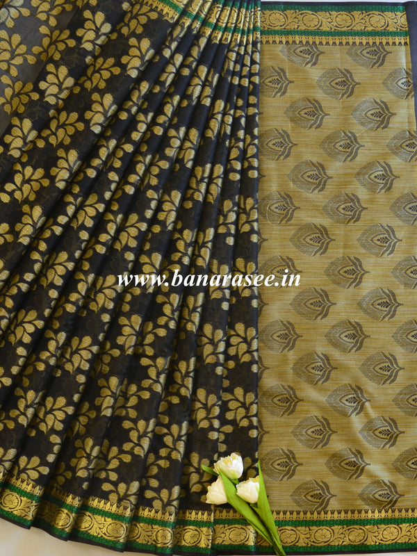 Banarasee Cotton Silk Ghichha Border Saree With Floral Border-Black