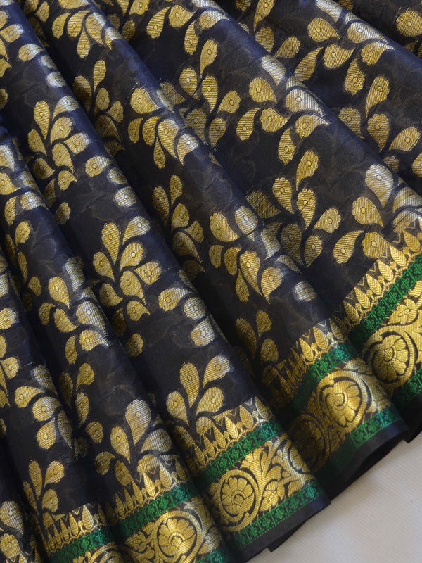 Banarasee Cotton Silk Ghichha Border Saree With Floral Border-Black