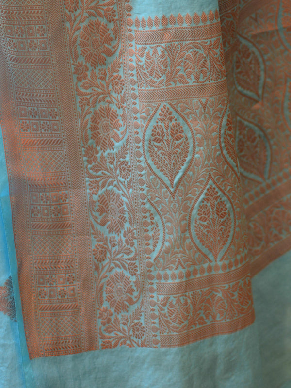 Banarasee Art Silk Saree With Copper Zari Buta & Border Design-Sky Blue