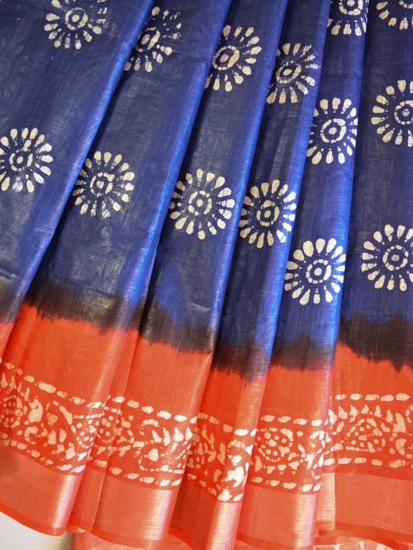 Bhagalpur Handloom Pure Linen Cotton Hand-Dyed Batik Pattern Saree-Blue & Red