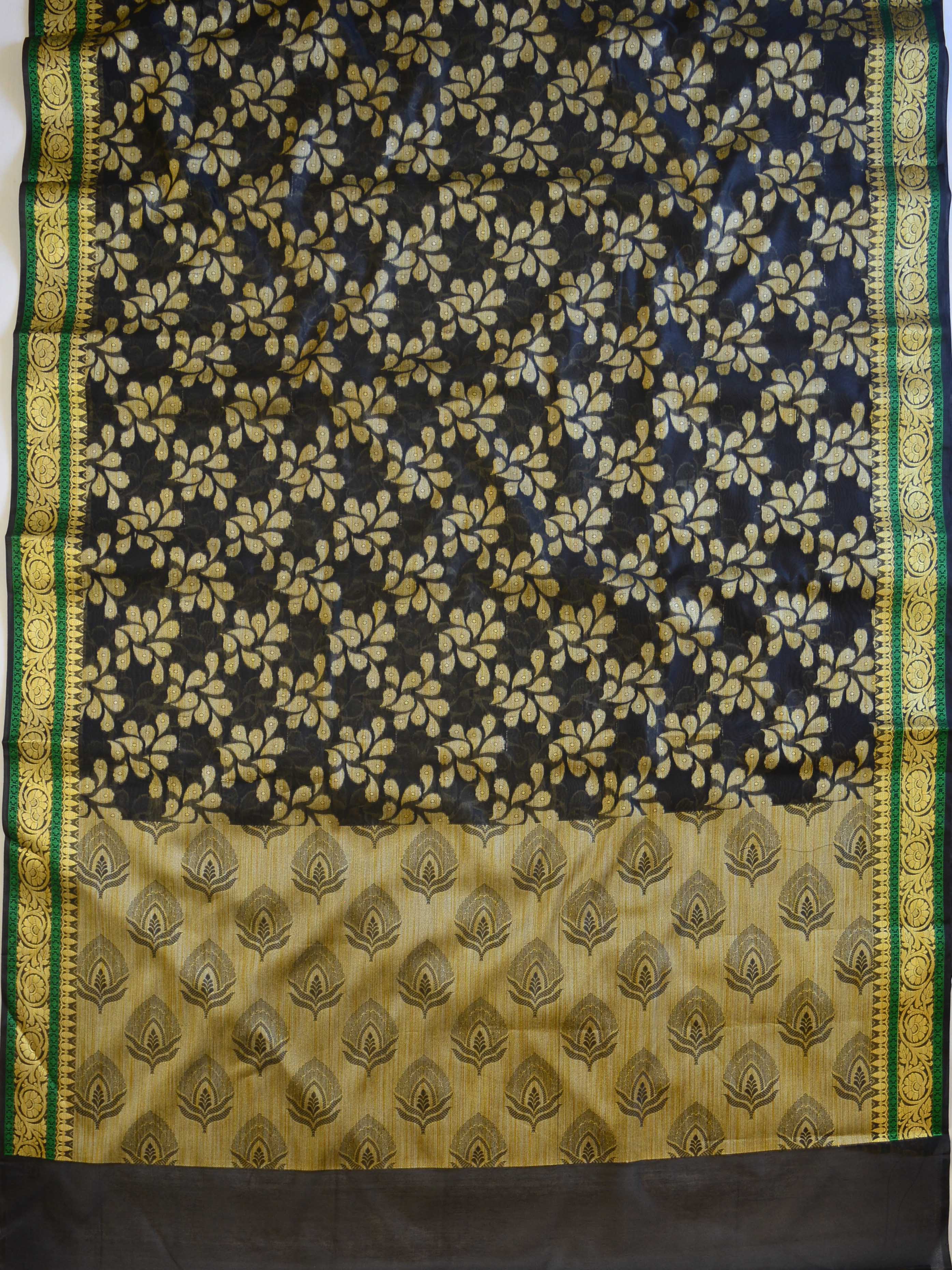 Banarasee Cotton Silk Ghichha Border Saree With Floral Border-Black