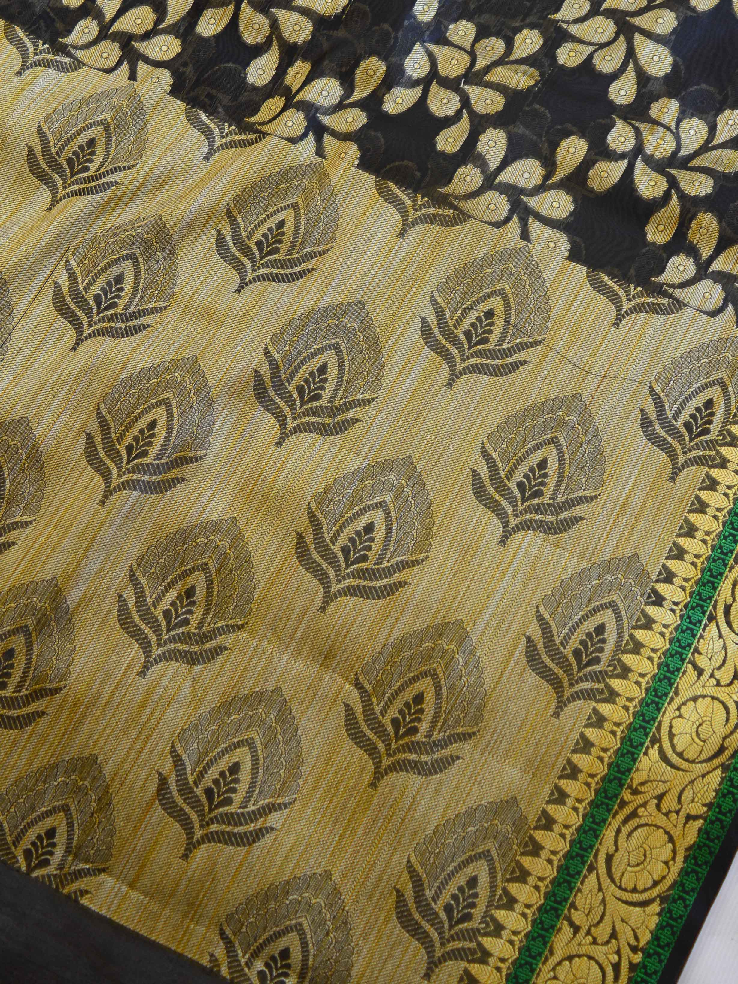 Banarasee Cotton Silk Ghichha Border Saree With Floral Border-Black