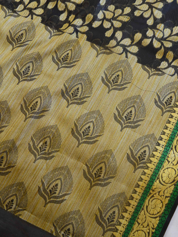 Banarasee Cotton Silk Ghichha Border Saree With Floral Border-Black
