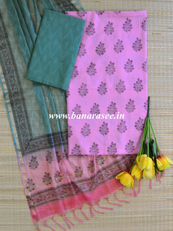 Pure Handloom Mul Cotton Sanganeri Block Printed Suit Set With Kota Silk Dupatta-Pink