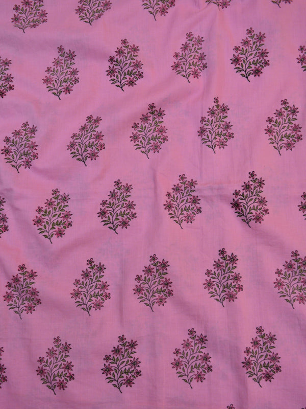 Pure Handloom Mul Cotton Sanganeri Block Printed Suit Set With Kota Silk Dupatta-Pink