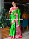 Banarasee Handwoven Semi-Chiffon Saree With Floral Zari Design-Green & Red