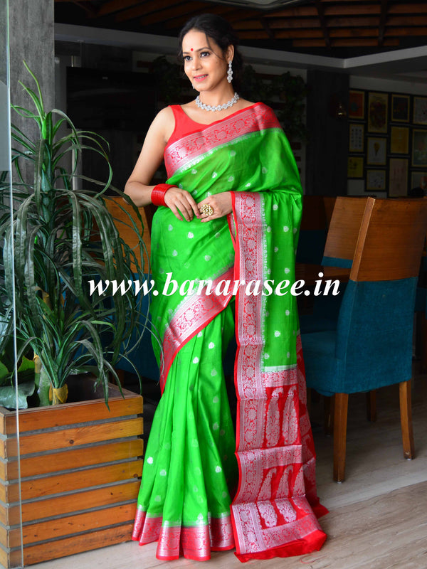 Banarasee Handwoven Semi-Chiffon Saree With Floral Zari Design-Green & Red