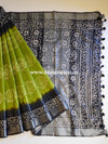 Bhagalpur Handloom Pure Linen Cotton Hand-Dyed Batik Pattern Saree-Green & Black