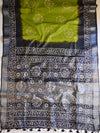 Bhagalpur Handloom Pure Linen Cotton Hand-Dyed Batik Pattern Saree-Green & Black